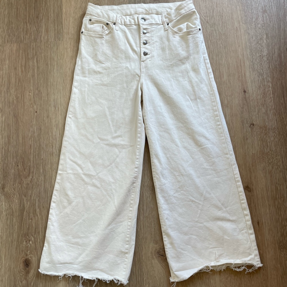 Wide leg white jeans.